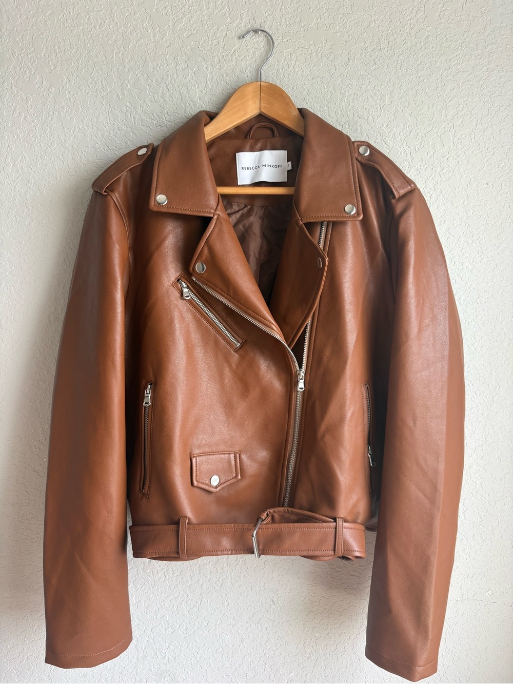 Rebecca Minkoff Cognac Brown Faux Leather Moto Jacket Belted Size XL